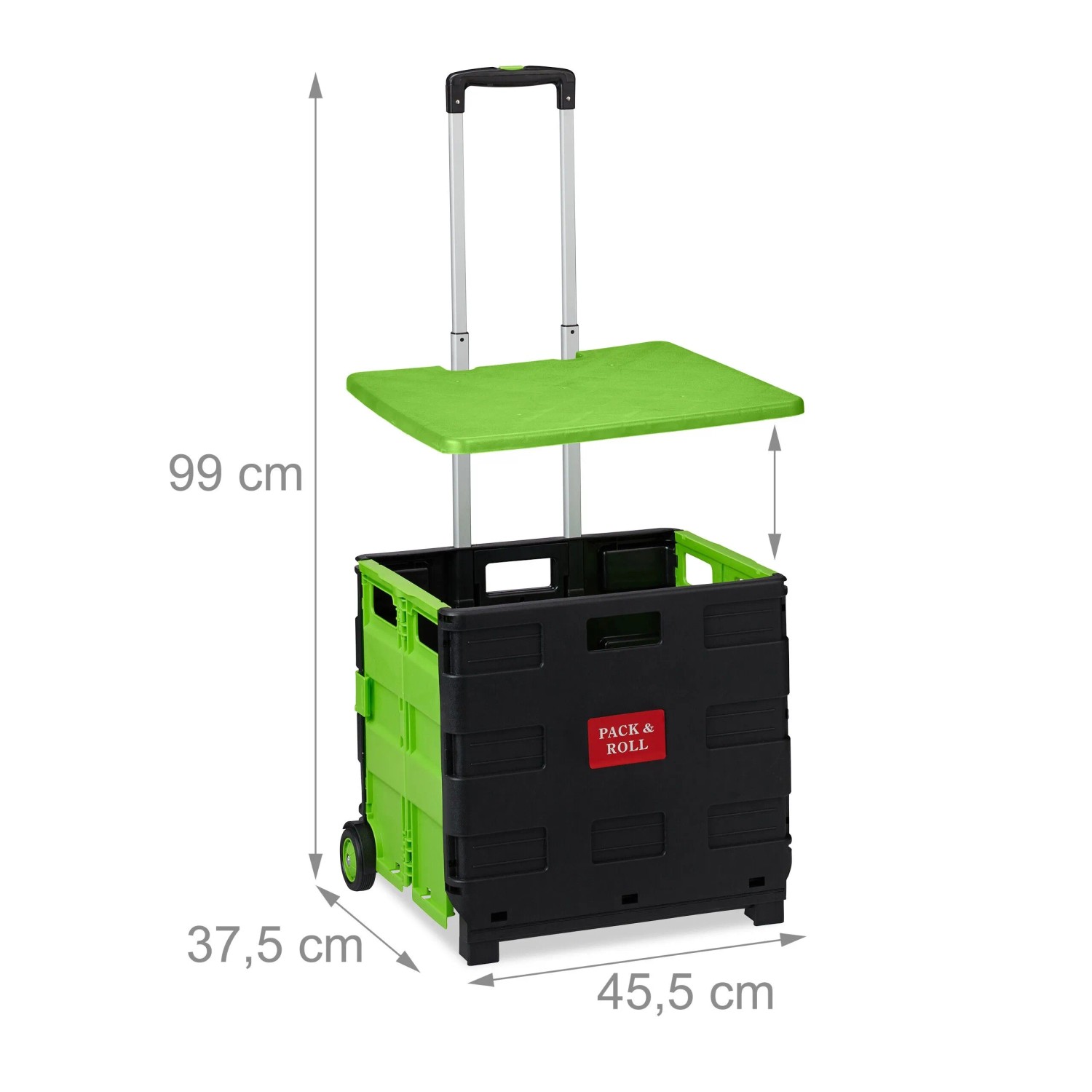 Grüner und schwarzer Klapp-Einkaufstrolley mit ausziehbarem Teleskopgriff und abnehmbarem Deckel. Maße 99x45,5x37,5 cm.