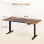 Brauner elektrischer höhenverstellbarer Schreibtisch 140x70cm mit schwarzen Beinen und Maßen.