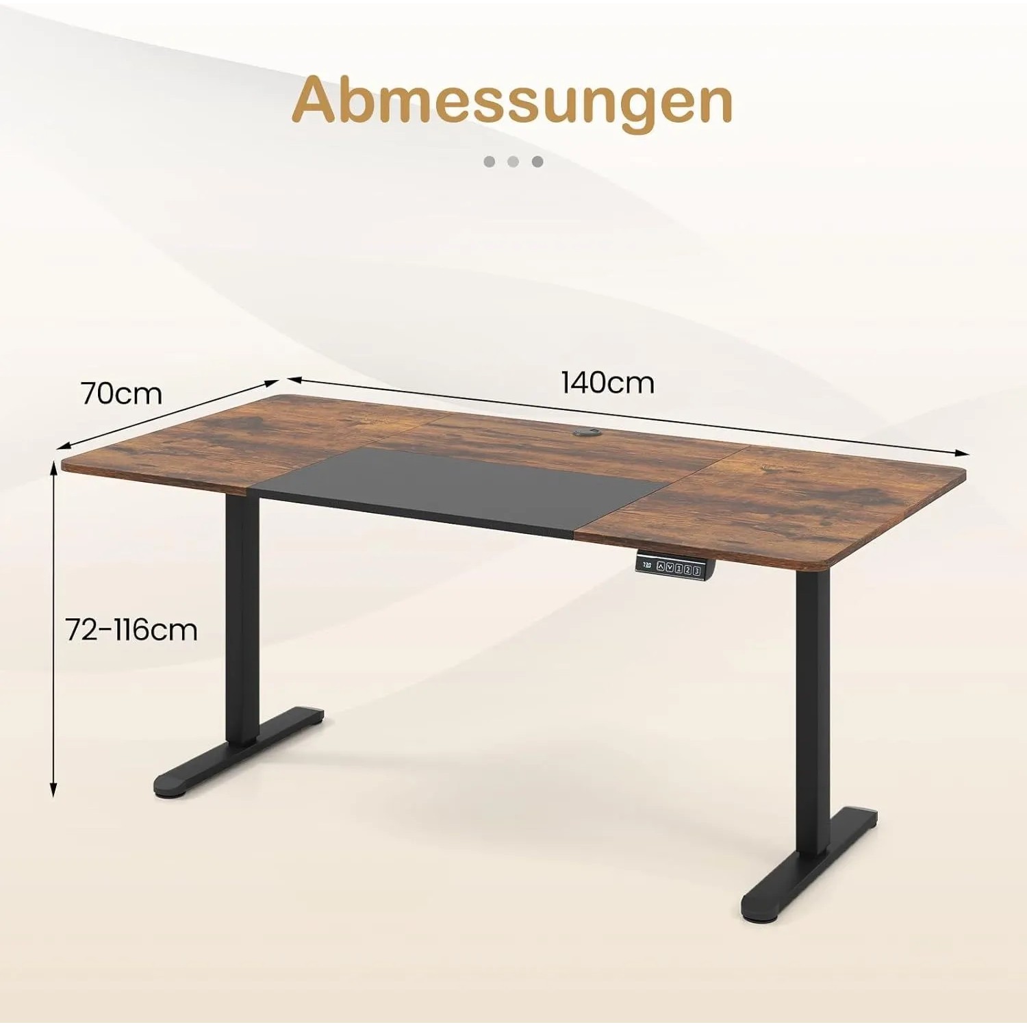 Brauner elektrischer höhenverstellbarer Schreibtisch 140x70cm mit schwarzen Beinen und Maßen.