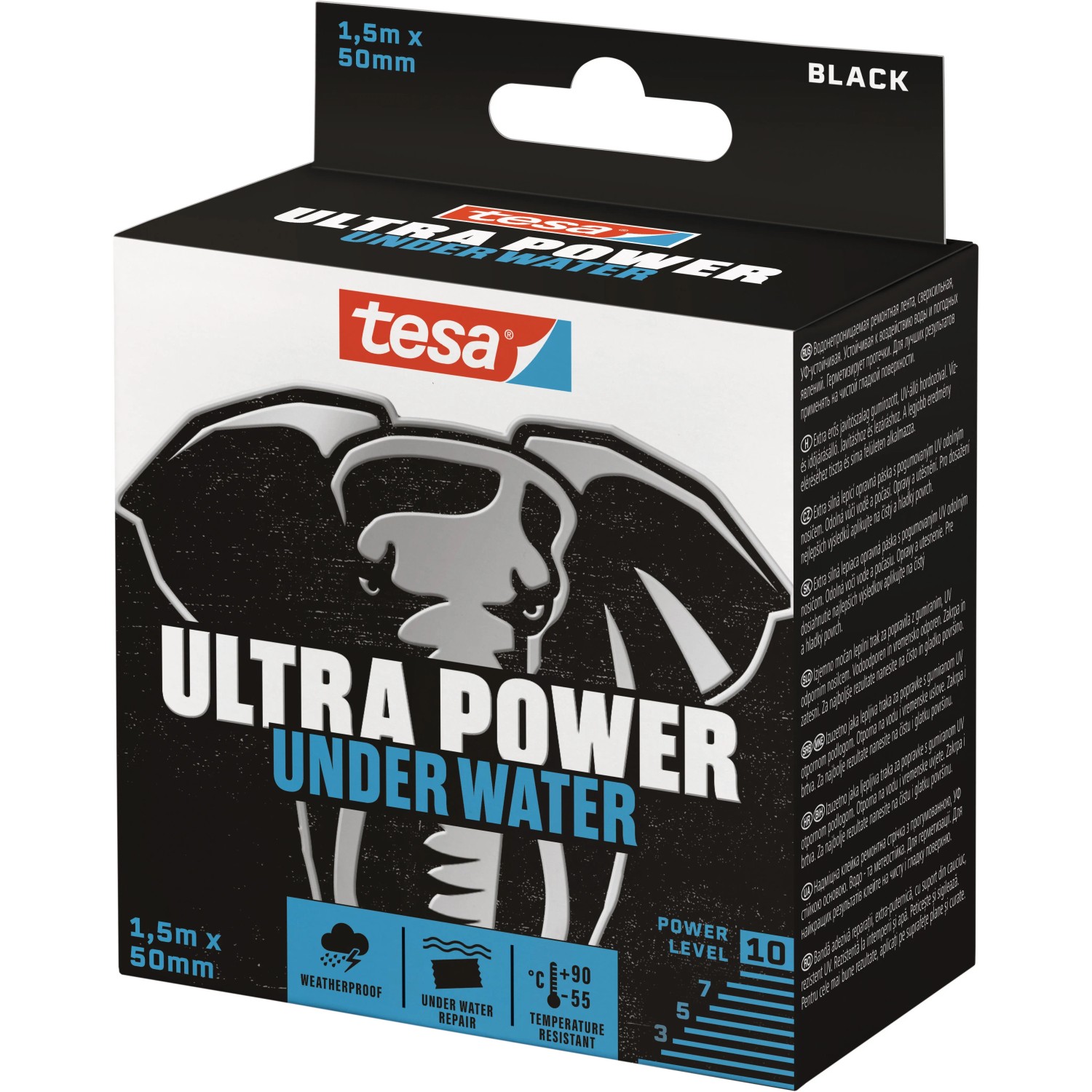 Tesa Reparaturband Ultra Power Under Water, 1,5m x 50mm, schwarze Verpackung.