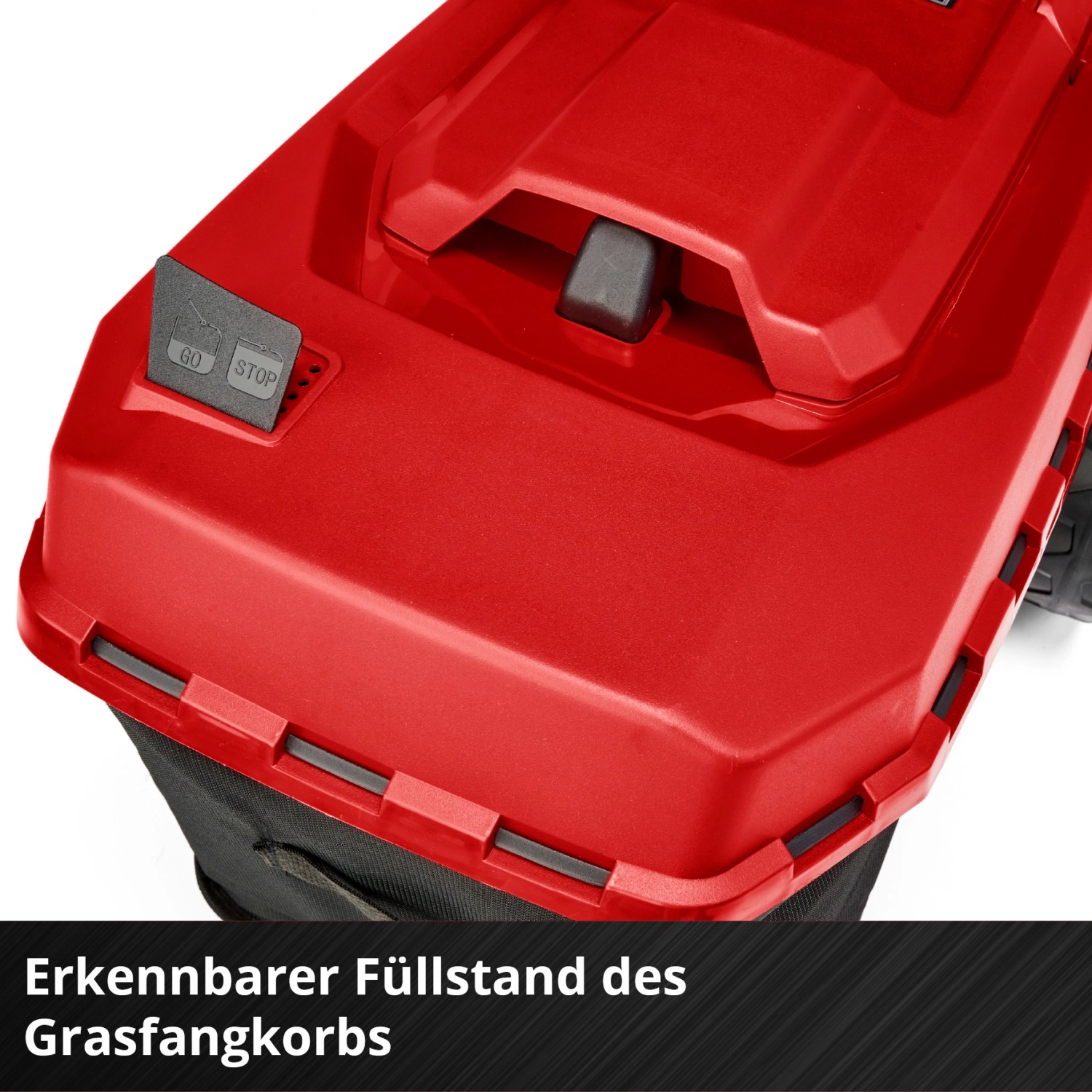 Detailaufnahme: Grasfangkorb mit Füllstandsanzeige des Einhell Akku-Rasenmähers Rasarro 36/40.
