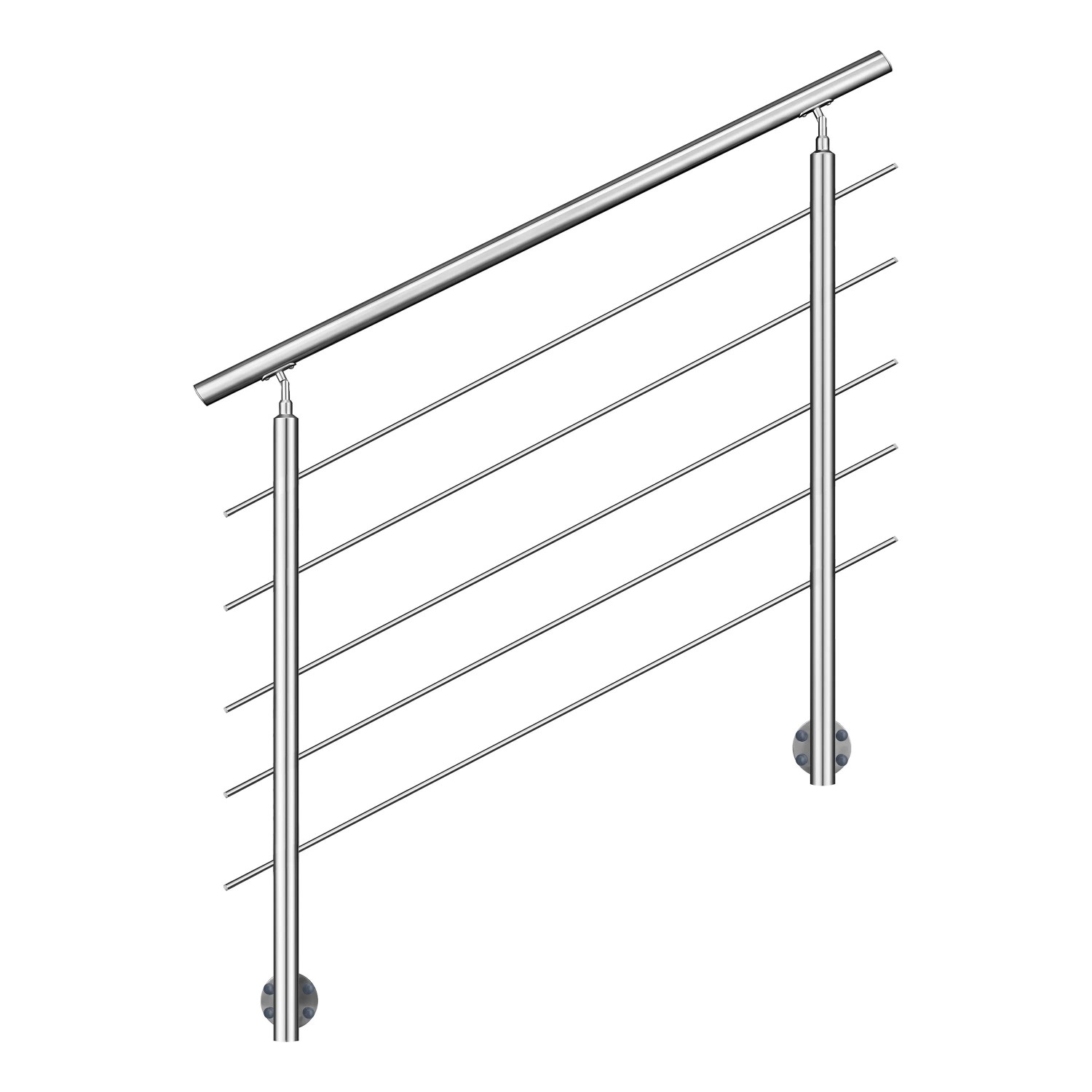 Modernes Edelstahl Geländer 150 cm mit 5 Querstäben und schrägem Handlauf. Seitliche Befestigung für Treppen. Komplettset.