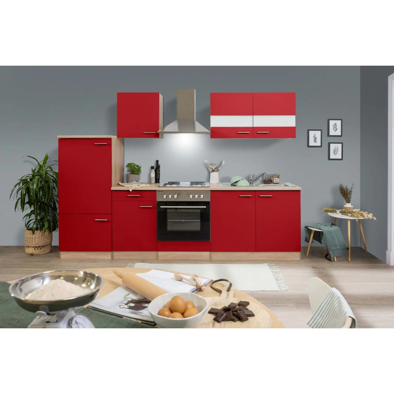 Respekta Küchenzeile LBKB270ESR 270 cm ohne Geräte Rot-Eiche Sonoma Sägerau