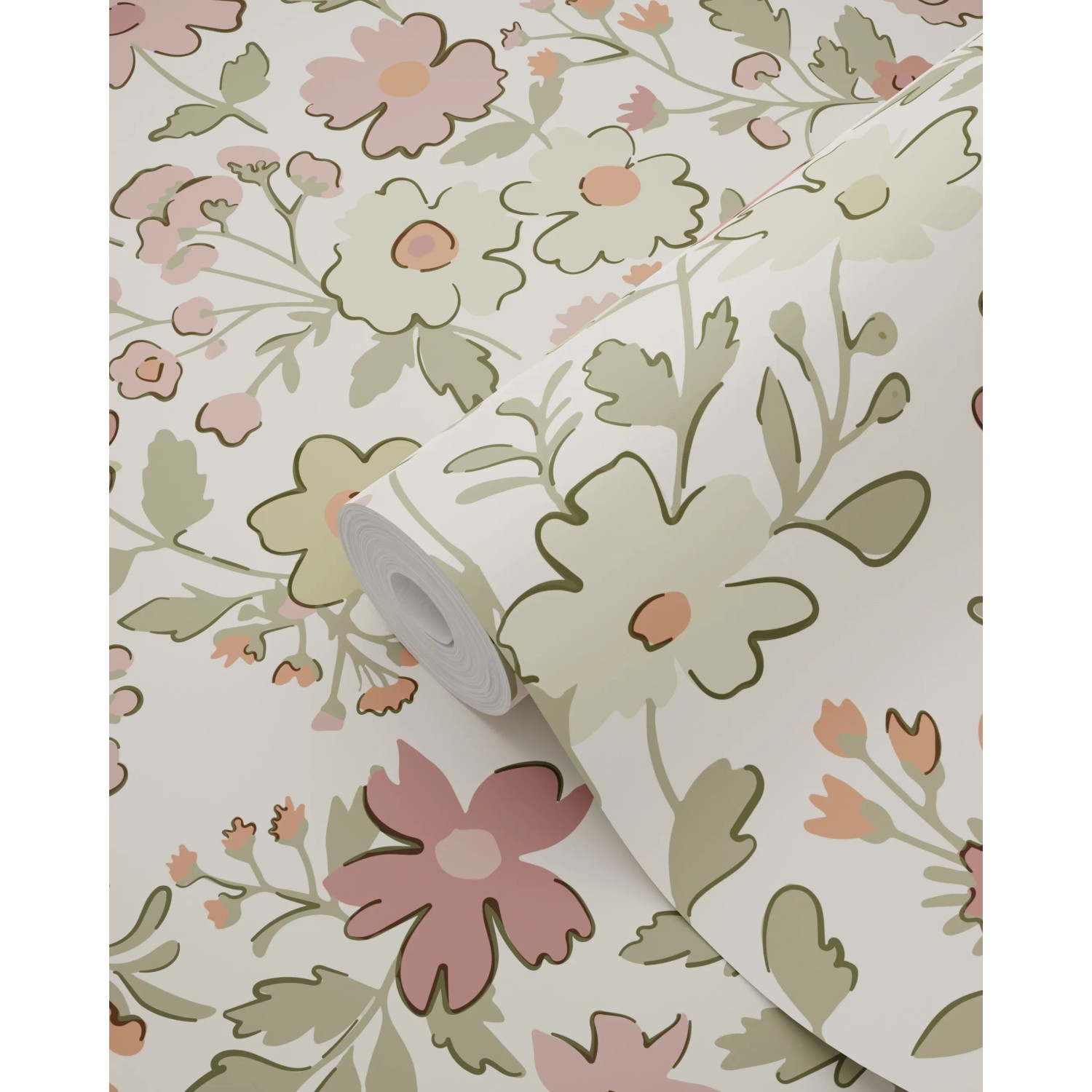 ESTAhome Vliestapete mit Blumenmuster in Terrakotta, Grün und Weiß, 50x900 cm.