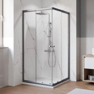Breuer Eckeinstieg Ektos: Eckdusche mit Klarglas Schiebetür und dunklem Metallrahmen im modernen Bad.