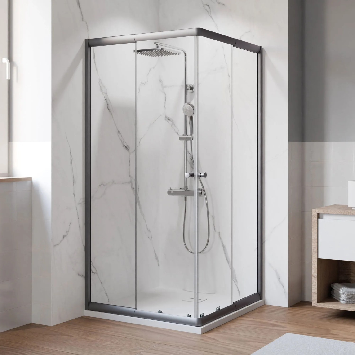 Breuer Eckeinstieg Ektos mit Schiebetür Klarglas 180 cm x 80-90 cm Metal