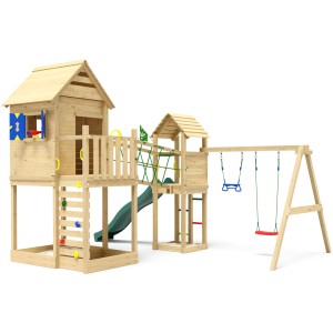 Jungle Gym Spielturm Retreat mit Doppelschaukel, Rutsche und Fensterläden aus Holz.