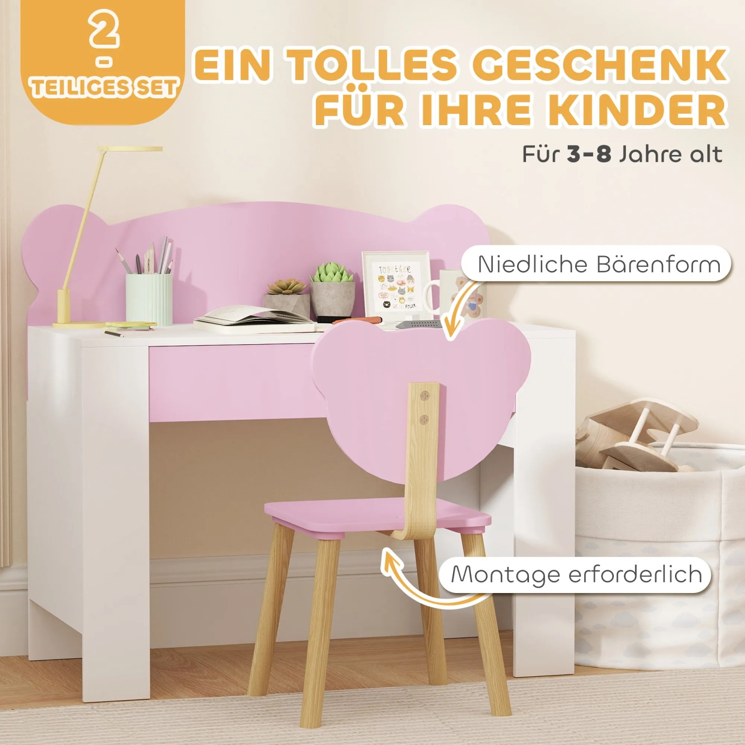 AIYAPLAY Kinderschreibtisch Set mit Stuhl, rosa/weiß, Bären-Design. Ideal zum Lernen und Spielen.