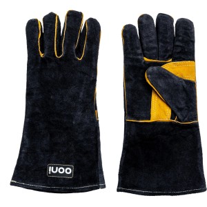 Ooni Hitzebeständige Handschuhe aus Veloursleder, schwarz-gelb, für sicheren Umgang mit heißen Grillutensilien.