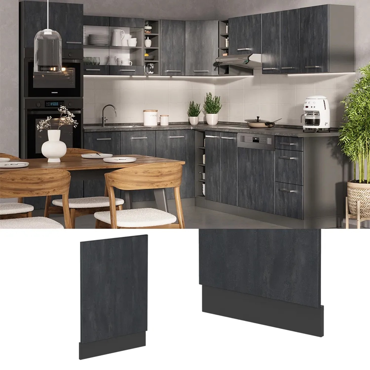 Vicco Frontblende für Geschirrspüler, Schwarz Beton/Anthrazit, 45 cm. Küchenschrank Zubehör.