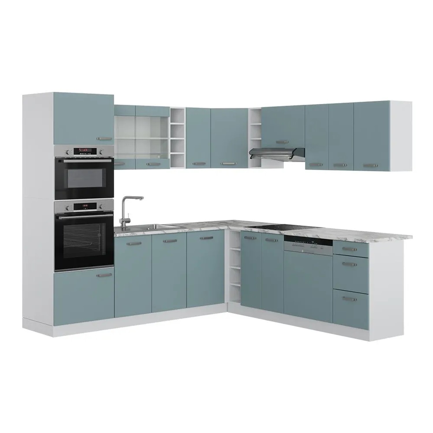 Vicco Eckküche R-Line Blau-Grau/Weiß 247 x 82 ohne Arbeitsplatte