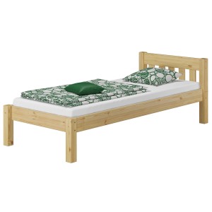 Einzelbett aus Kiefer Massivholz, 100x200 cm, natur lackiert mit Lattenrost, Kissen und Decke.