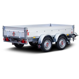 Stema Basic ST 1500-25-13.2 Autoanhänger, gebremst, mit Doppelachse und silbernen Bordwänden.