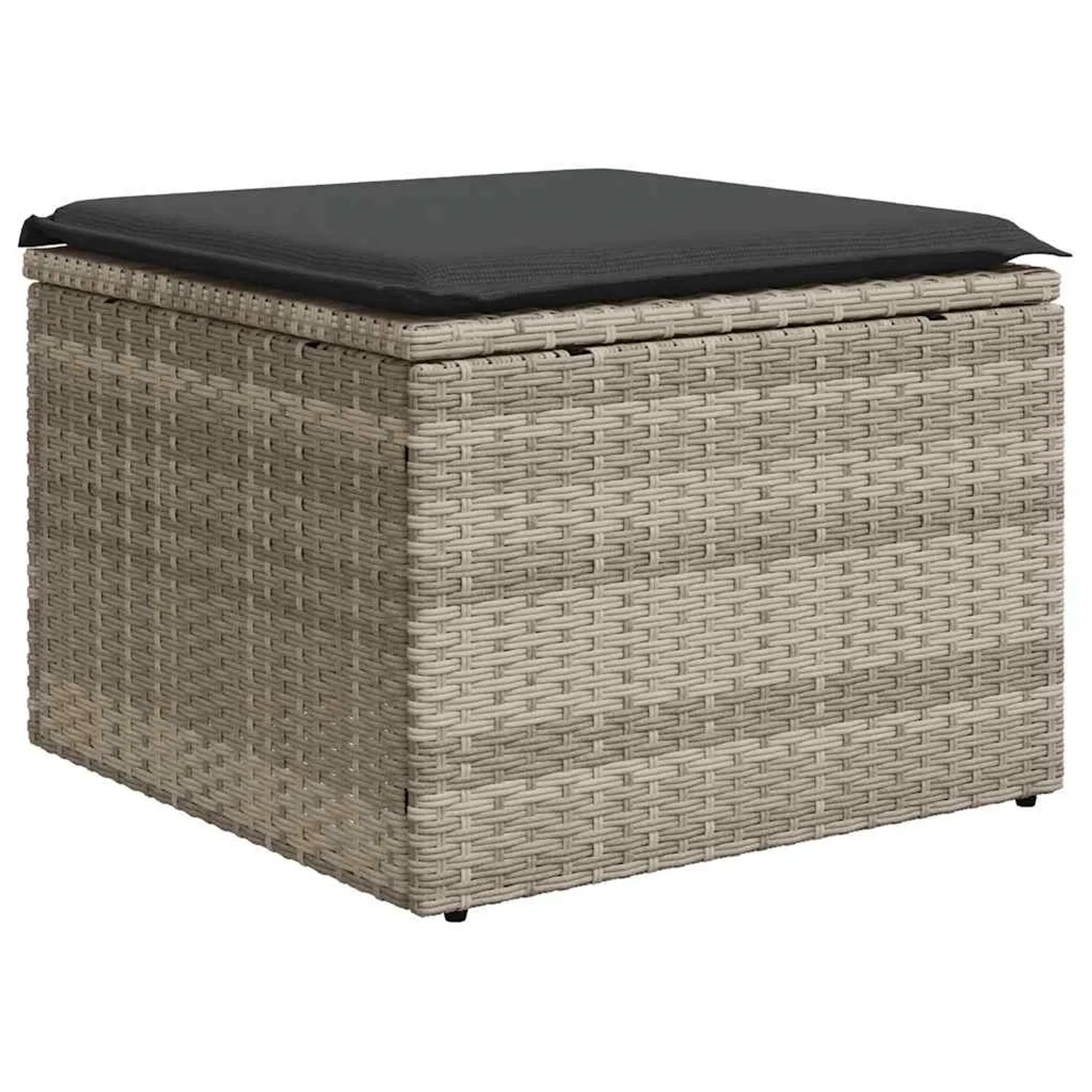 Hellgrauer vidaXL Gartenhocker aus Rattan mit dunklem Kissen, Teil einer Sofagarnitur.