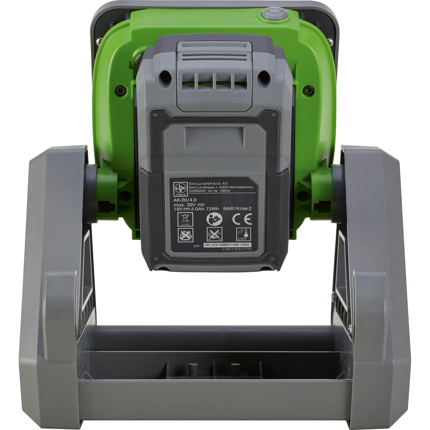 LUX Akku-Arbeitsleuchte 1PowerSystem A-AL-20 Solo, Akku-Gerät mit grünem Gehäuse und grauem Akku.