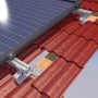 Schwarze Solar Start- und Endklemme zur Befestigung eines PV-Moduls auf einem Ziegeldach.