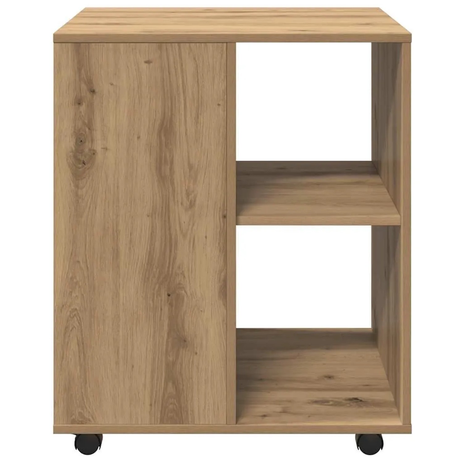 Mobiler Rollschrank Artisan-Eiche aus Holzwerkstoff mit geschlossener Seite und zwei offenen Fächern.