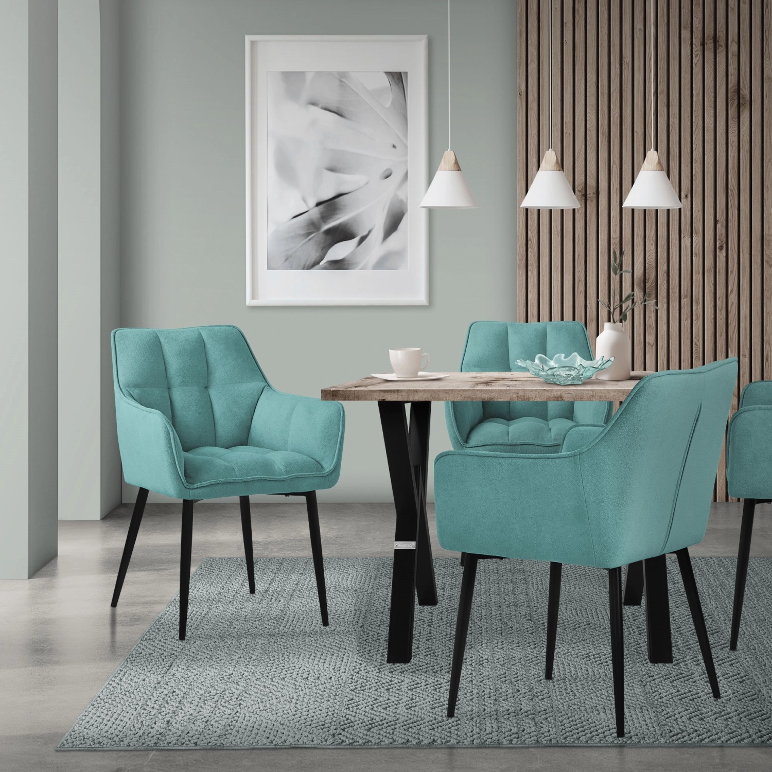 Petrolfarbener ML-Design Esszimmerstuhl mit Frotteebezug und schwarzen Metallbeinen.