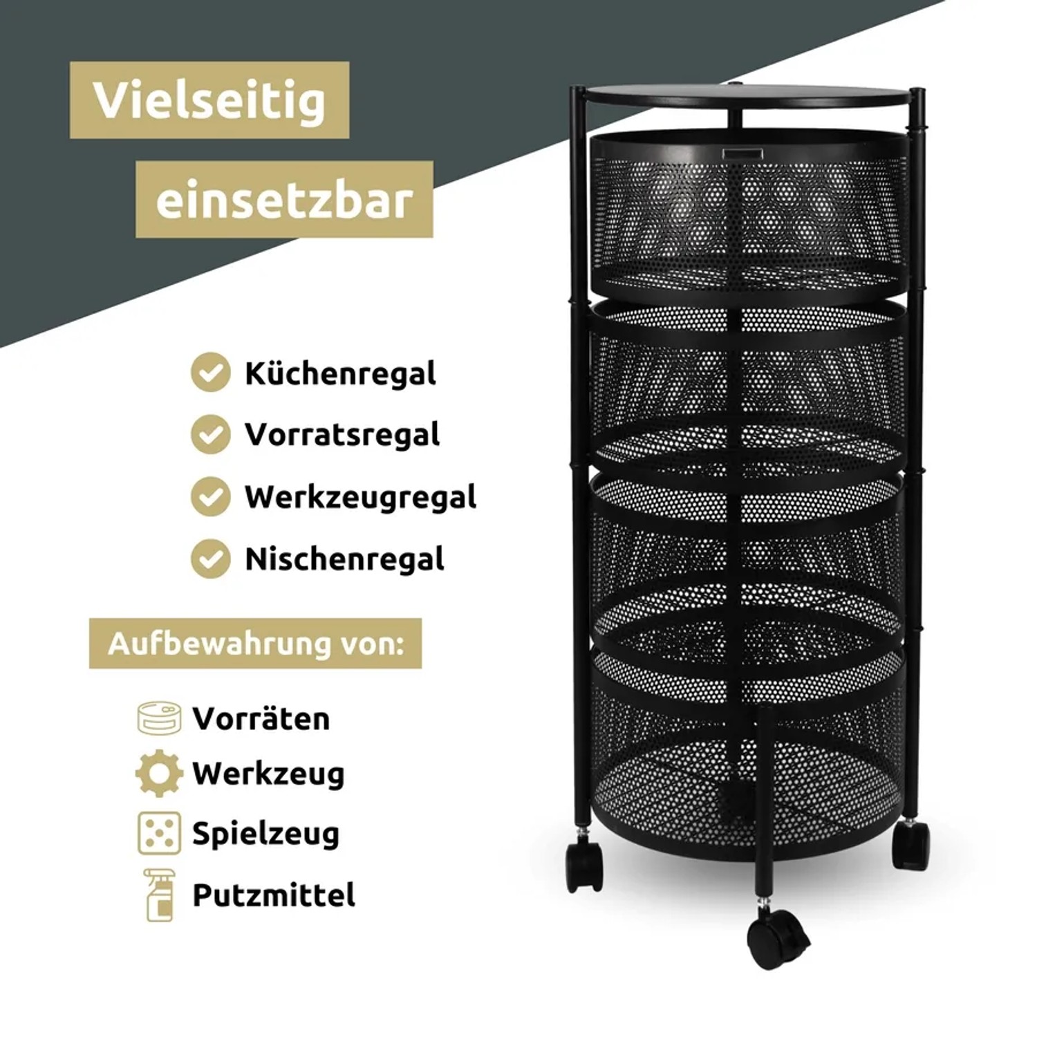 deluxe4home Rollwagen mit 4 Ebenen, schwenkbar, schwarz, ideal als Bad-Standregal.