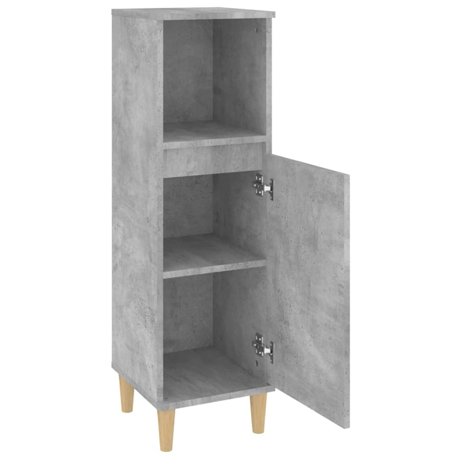 vidaXL Badschrank in Betongrau (30x30x100 cm) mit Tür offen, Ablagen und Holzfüßen.