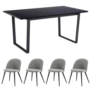 ebuy24 Essgruppe mit Tisch in Schwarz Marmor Optik und 4 grauen Velours Stühlen.