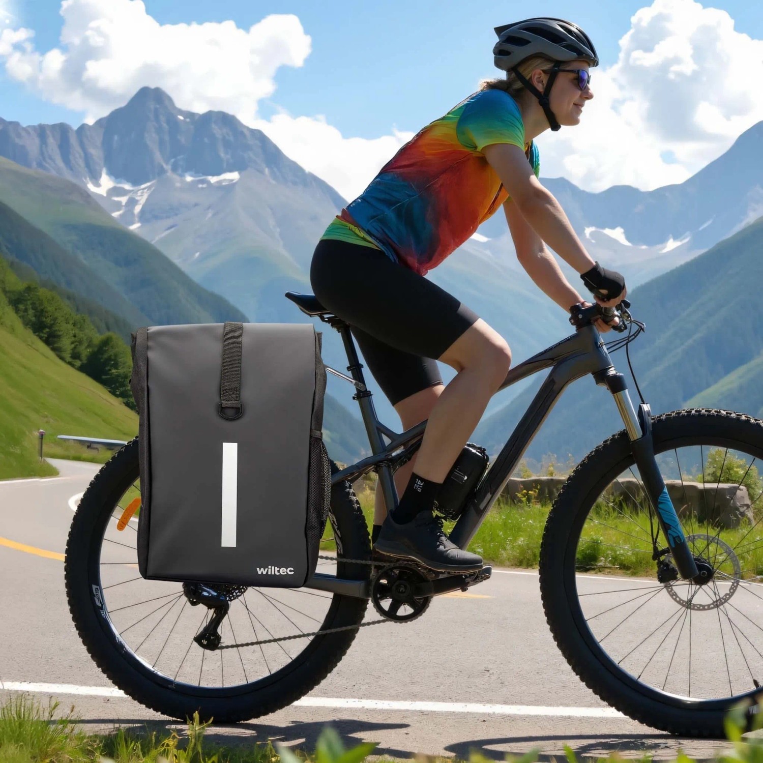 Wiltec Gepäckträgertasche matt schwarz, 16L, am Fahrrad auf Bergstraße. Robuste Fahrradtasche mit Reflektorstreifen.