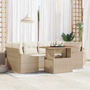 Beige vidaXL Garten Essgruppe mit Tisch und Polyrattan-Sitzgruppe mit Kissen.