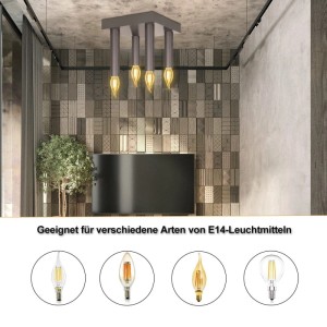 NETTLIFE Deckenleuchte aus schwarzem Metall im Retro-Stil mit 4 E14-Fassungen. Zeigt kompatible Leuchtmittel.