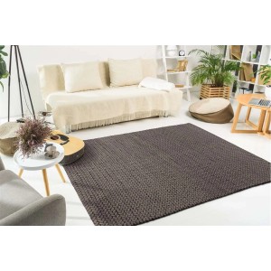 Handgewebter, grauer MeGusta Flachflor Teppich (160x230 cm) im Wohnzimmer.