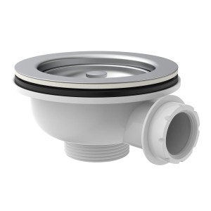 Weißes Kirchhoff Korbventil mit Edelstahl-Sieb für Spüle, 114mm Durchmesser.