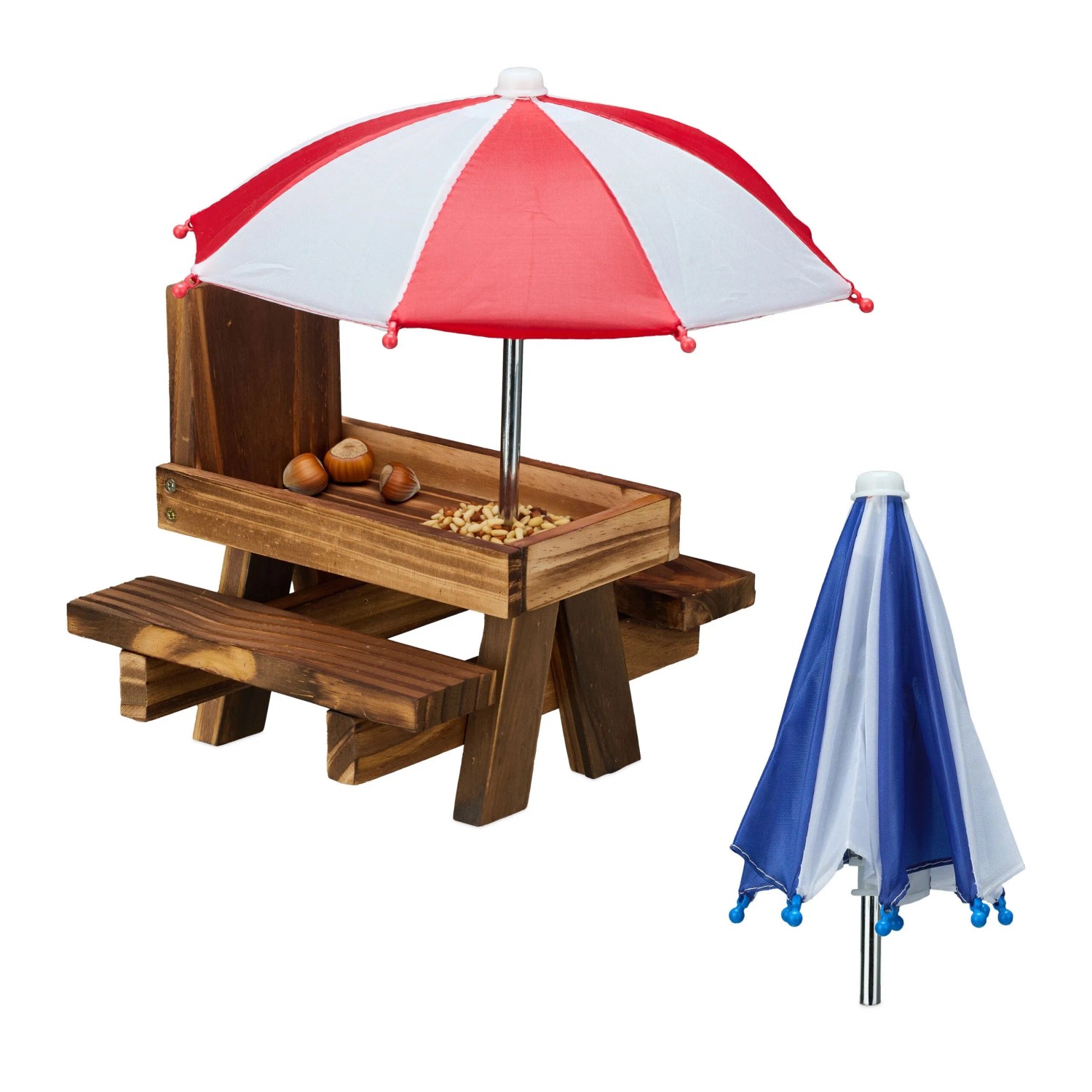 Relaxdays Eichhörnchenfuttertisch Kiefernholz Dunkelbraun mit 2 Schirmen 29 cm x 28 cm x 28 cm 400 g