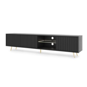 TV-Lowboard Bello 175 cm Schwarz / Lamellen mit LED und Goldenen Beinen
