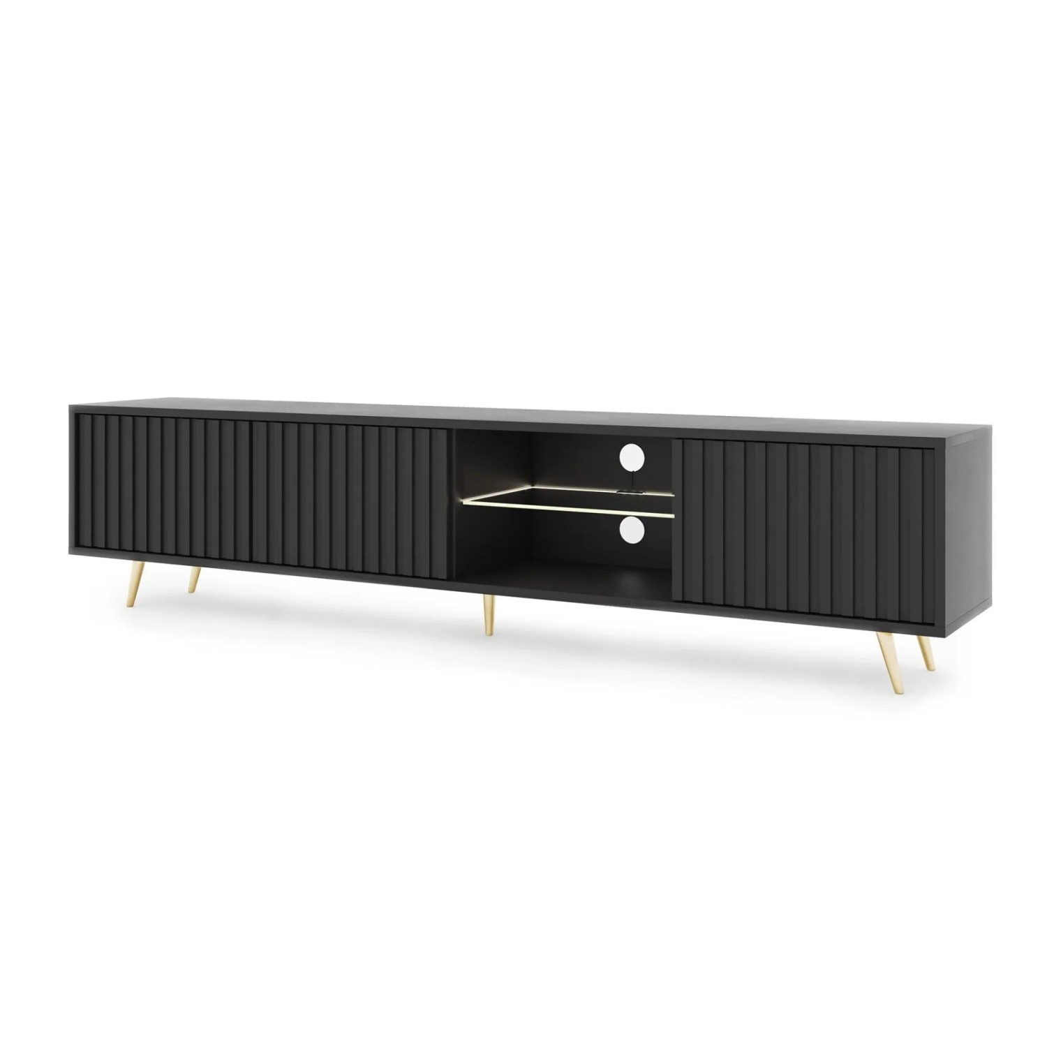 TV-Lowboard Bello 175 cm Schwarz / Lamellen mit LED und Goldenen Beinen