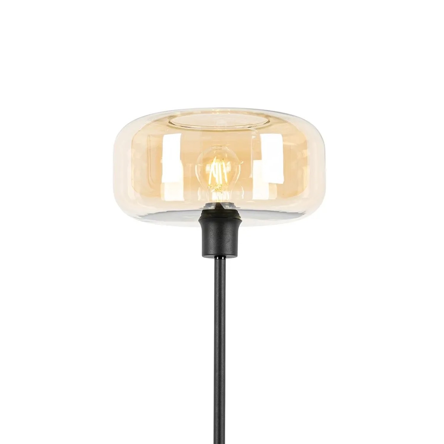 Art Deco Stehlampe Bizle mit braunem Glasschirm und schwarzem Gestell.