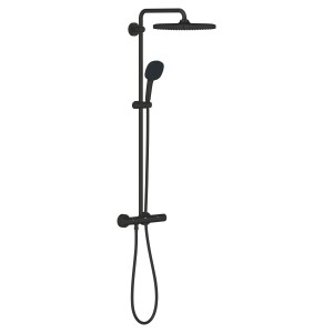 Schwarzes Grohe Vitalio Comfort 250 Duschsystem mit Kopf- und Handbrause.