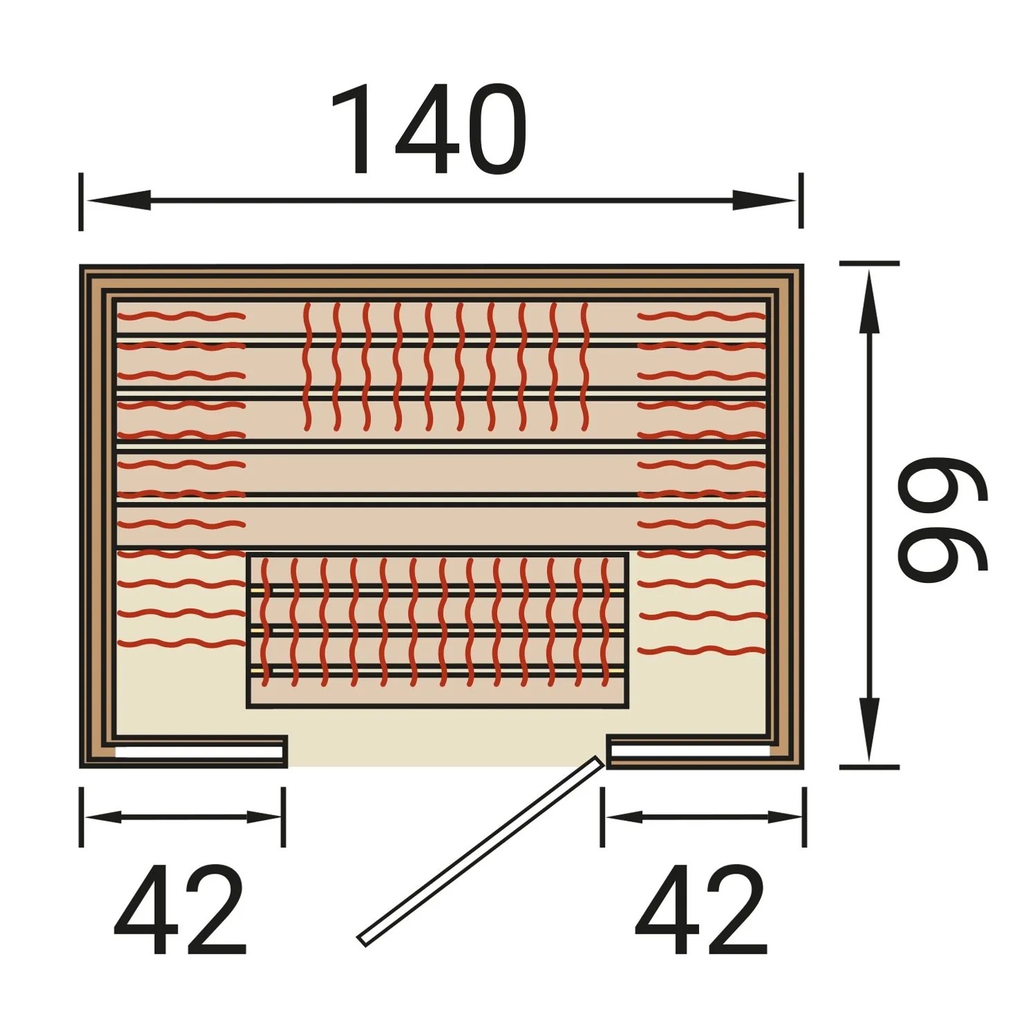 Grundriss der Weka Infrarotkabine Osby 1 mit wekaTherm-Flächenstrahler und Maßangaben.