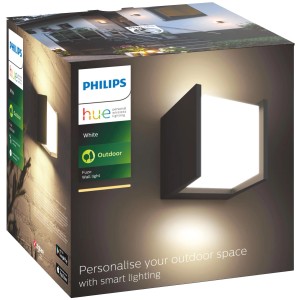 Verpackung der Philips Hue LED-Wandleuchte Fuzo, quadratisch, schwarz, für den Außenbereich.