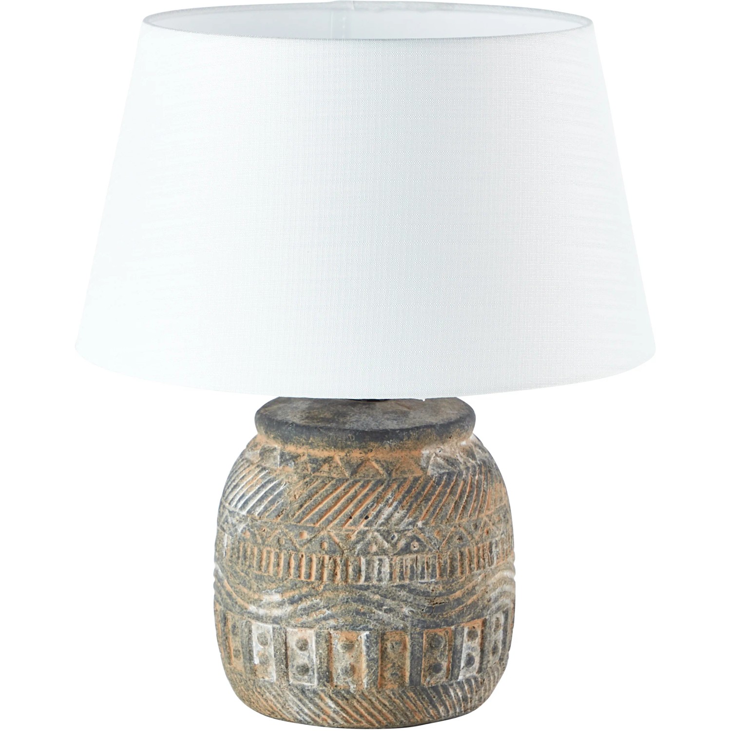Brilliant Tischlampe Amadora, weiß-braun, mit Keramikfuß und weißem Textilschirm.