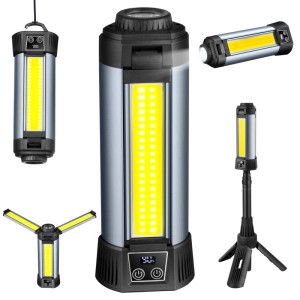 Steinborg LED-Multifunktionsleuchte mit Teleskopstange, verschiedene Ansichten.