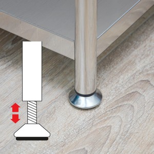 Detailaufnahme: Höhenverstellbare Füße des shelfr Edelstahl Schwerlastregals.