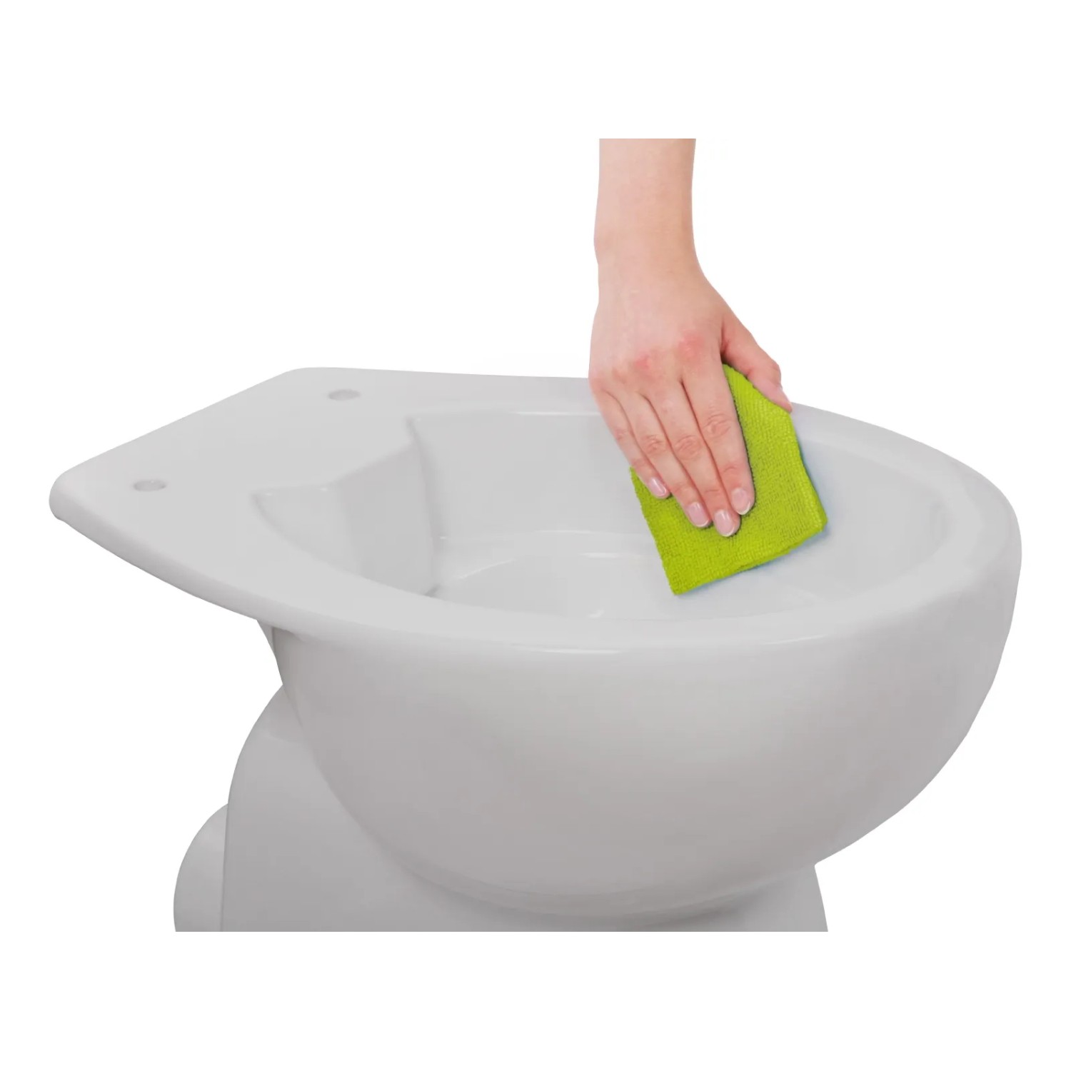 Reinigung einer Calmwaters Stand-WC Toilette (Manhattan-Grau) mit einem grünen Tuch.