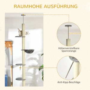 Beiger PawHut Kratzbaum, deckenhoch mit Hängematte und mehreren Ebenen für Katzen.