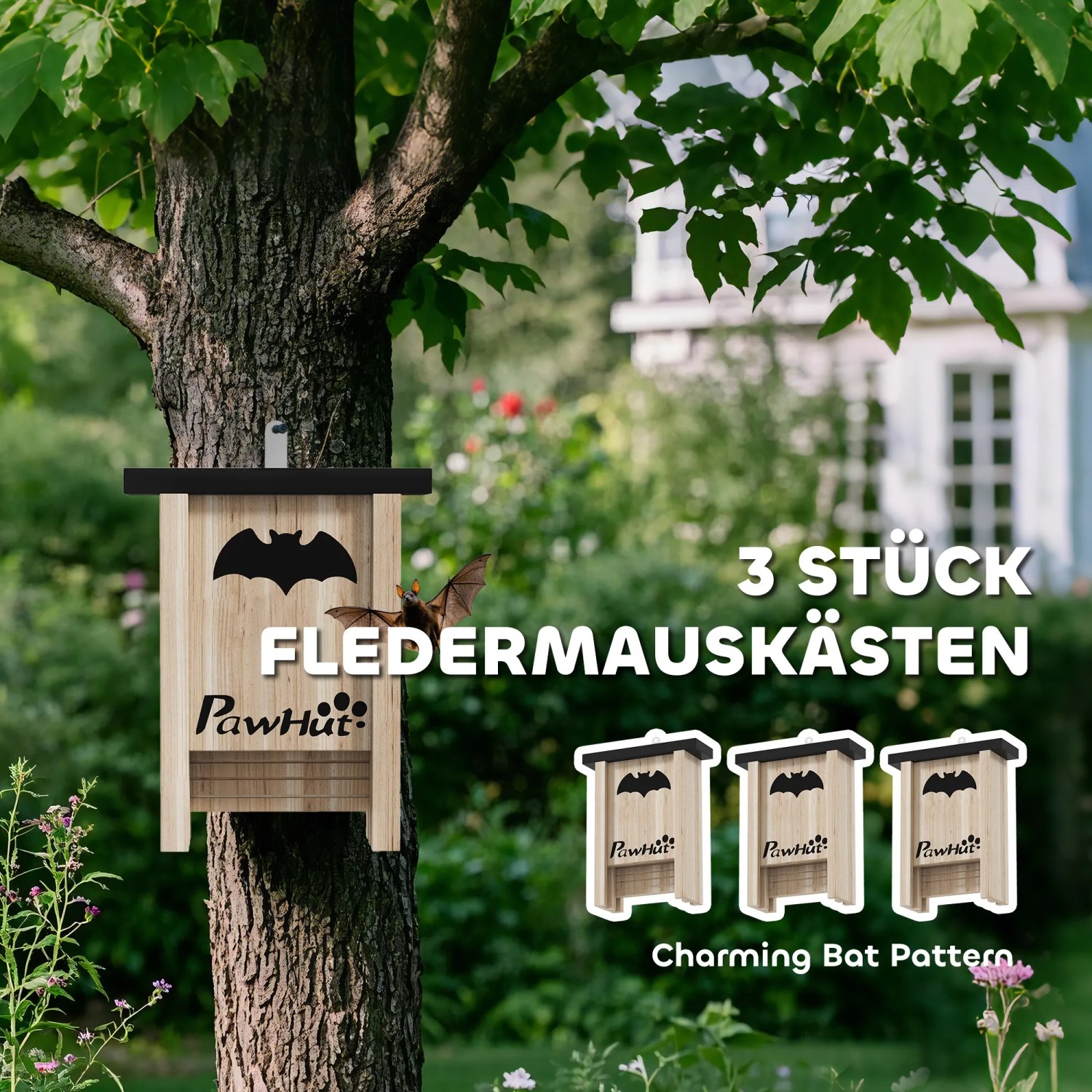 PawHut Fledermauskasten aus Tannenholz, 3er Set, am Baum befestigt. Ideal als Freilaufgehege.
