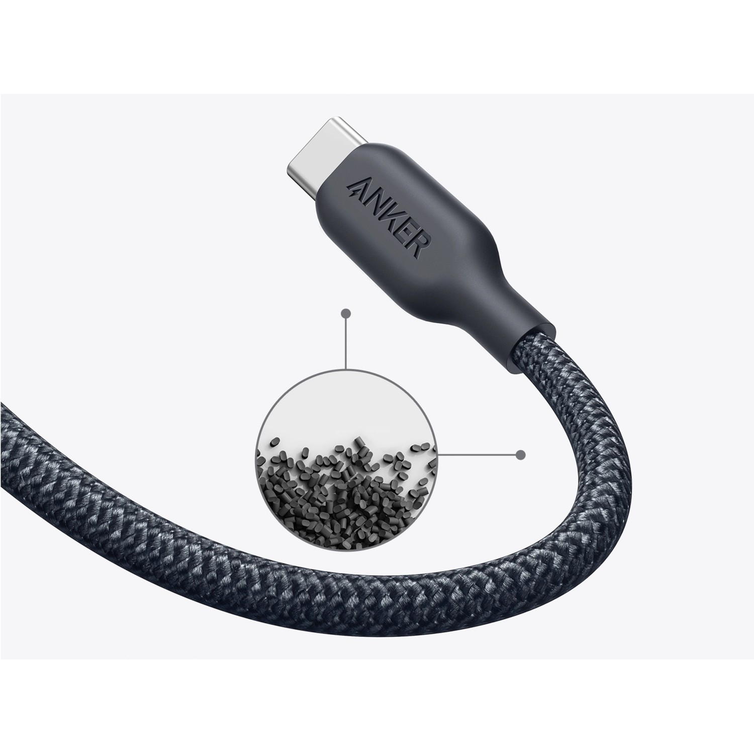 Anker USB-C Kabel 544 aus Bio-Nylon, 180cm, Nahaufnahme des USB-C Steckers und der Materialstruktur.