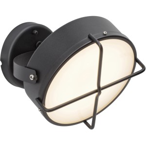 Anthrazitfarbene LED-Außenwandleuchte Nyx im Vintage-Stil mit Schutzgitter.