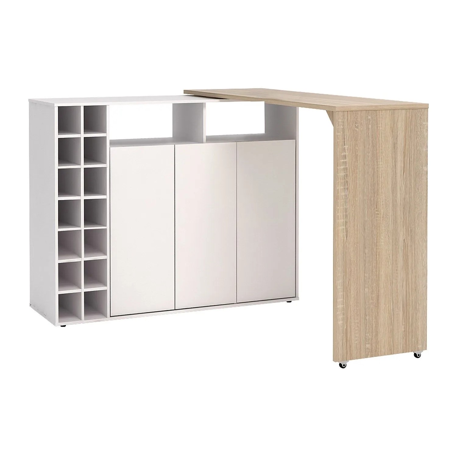 Vinalo Bartisch-Set: weißer Barschrank mit Weinregal, Stauraum und drehbarer Theke in heller Holzoptik.