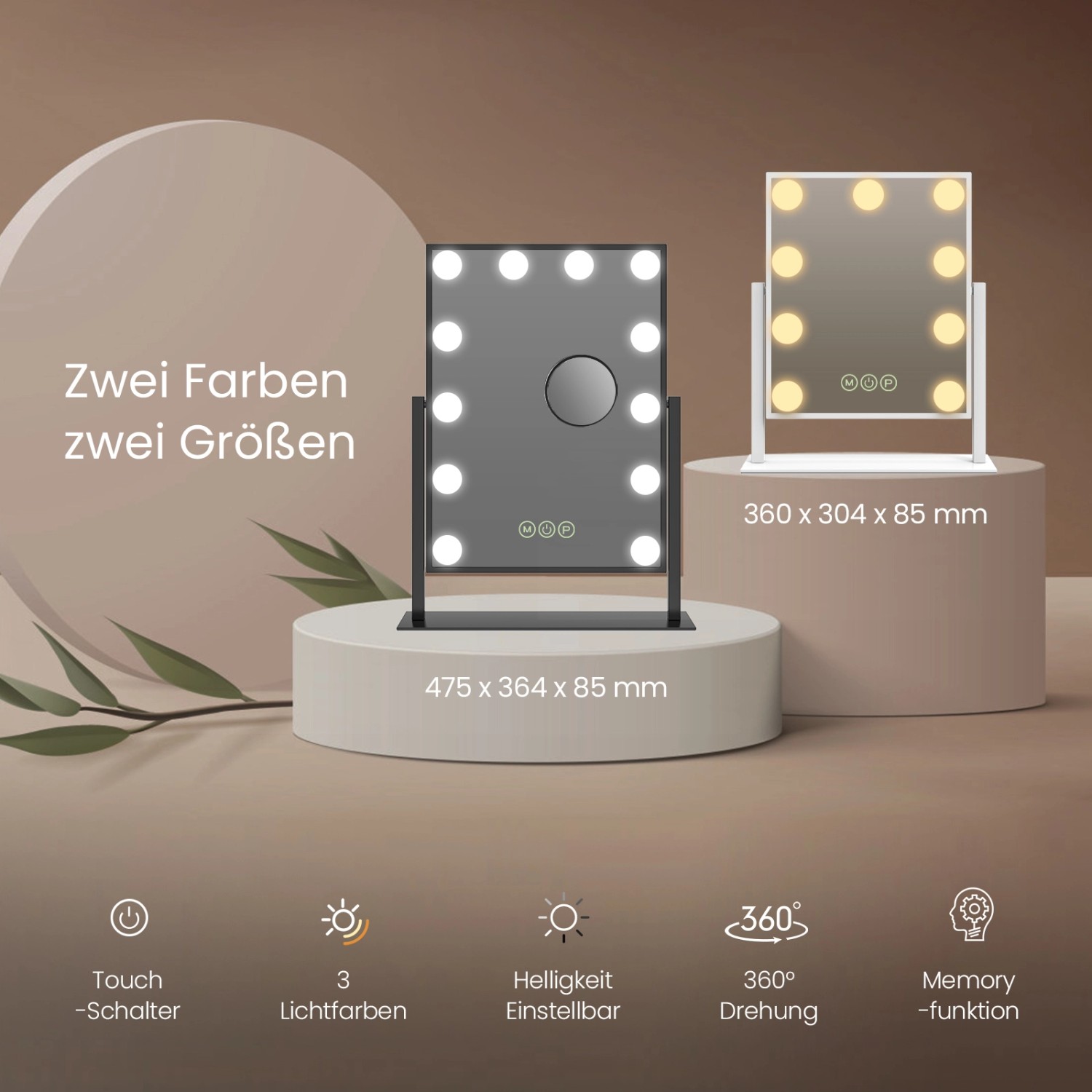 Emke Hollywood Kosmetikspiegel in Schwarz und Weiß mit LED-Beleuchtung und Vergrößerung.