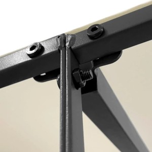 Detailaufnahme der Stahlrahmen-Verbindung einer creme-farbenen vidaXL Markise (4x3 m).