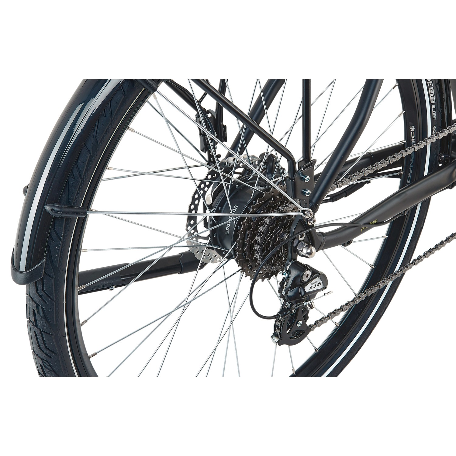 Detailaufnahme Hinterrad, Kassette und Schaltwerk des schwarzen Prophete Trekking E-Bike Entdecker 2.0.