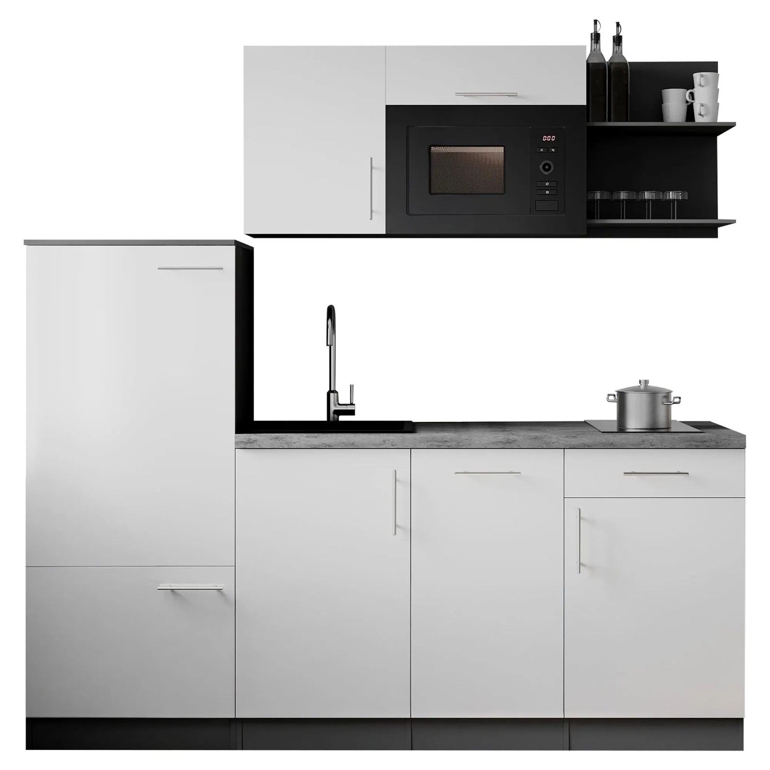 Respekta Singleküche Oliver 205 cm H 200 cm Weiß Seidenglanz mit Mikrowelle